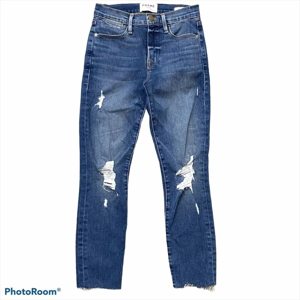 Frame Denim Le High Skinny Jean Raw Hem Distressed